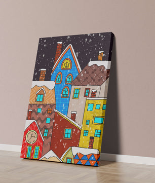 Farbenfrohe Winterstadtlandschaft mit schneebedeckten Häusern im Cartoon-Stil