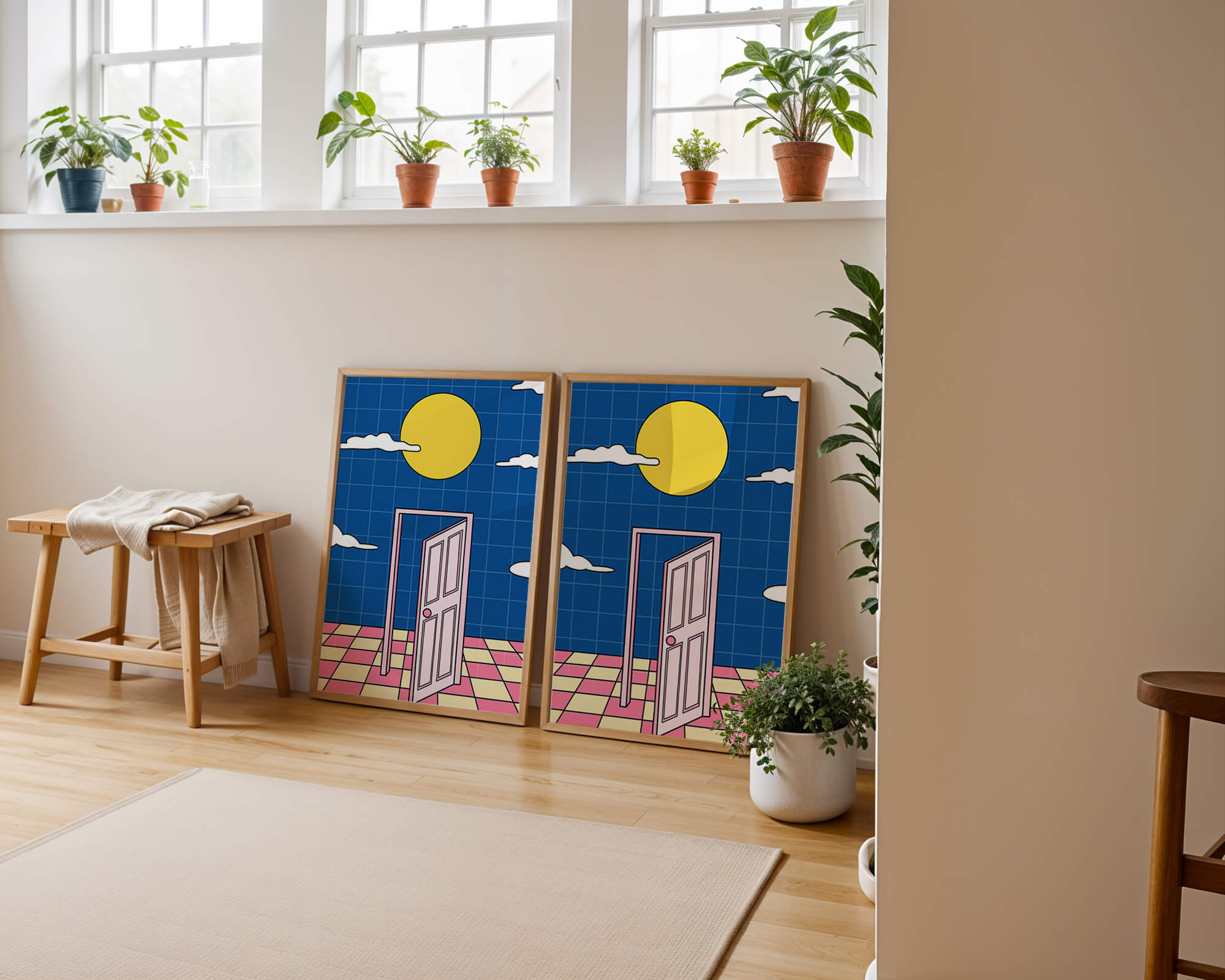 Surreal doorway with pink door under yellow sun and blue sky