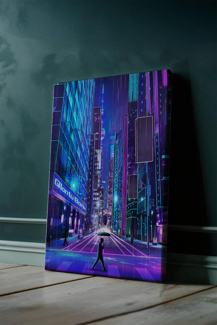 Futuristic urban street scene with neon lights and rainy atmosphere