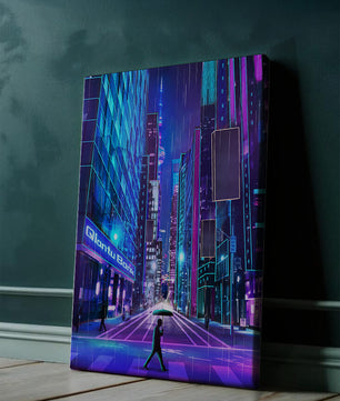 Scène de rue urbaine futuriste avec des néons et une ambiance pluvieuse