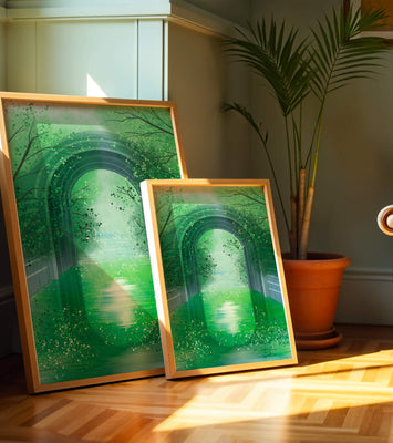 A serene green garden tunnel with reflective water