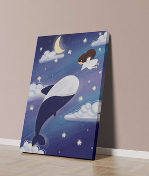 Whimsical night scene with flying angel and whale