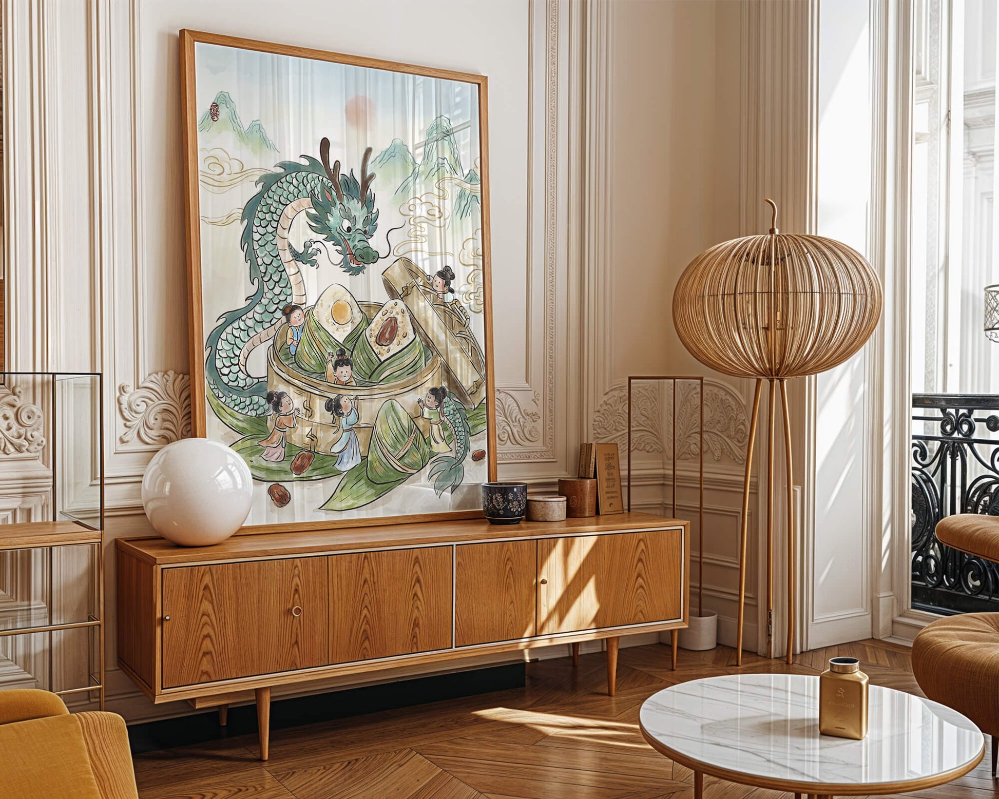 Dragón y dumplings al vapor con niños en un paisaje montañoso