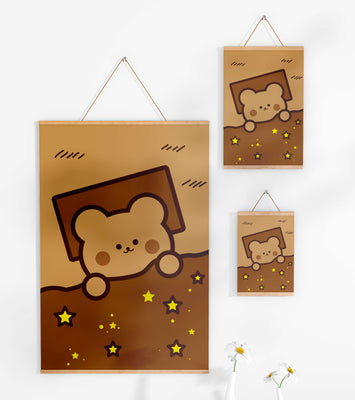 Adorable bear peeking out from a blanket with stars illustration
