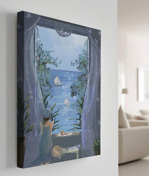 Serene seaside view from an open window with a sailboat and relaxing atmosphere