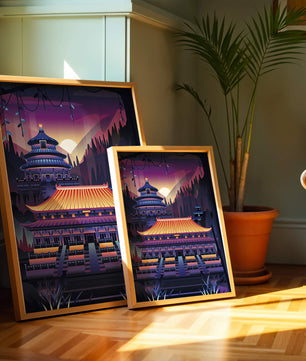 Neon Asian Temple at Sunset in Stylized Landscape