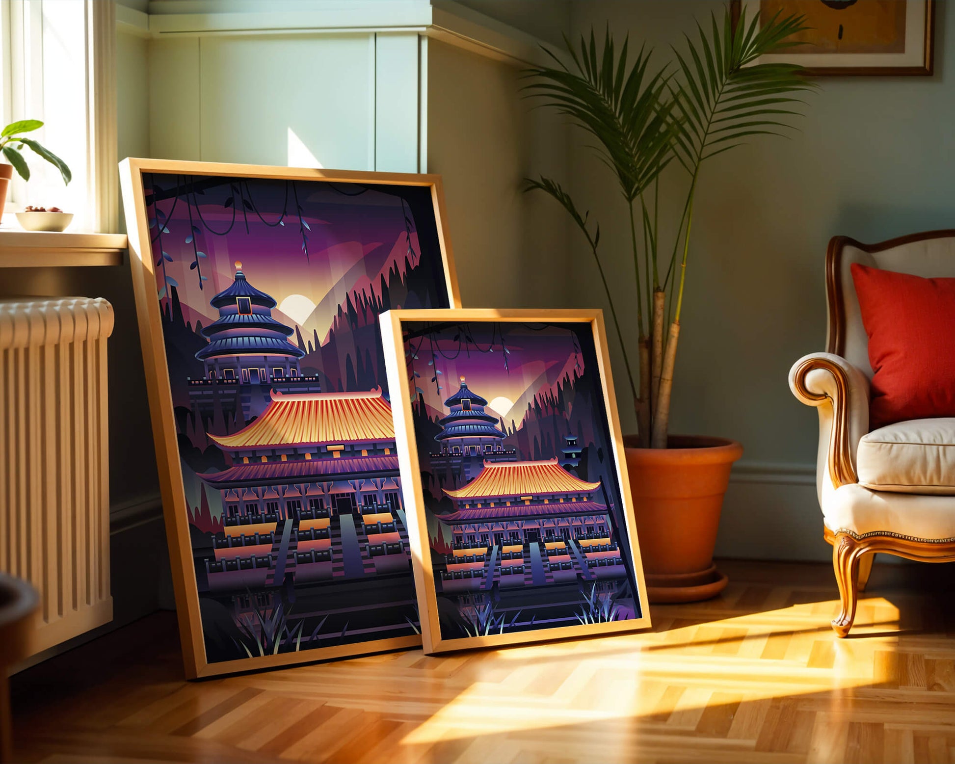 Neon Asian Temple at Sunset in Stylized Landscape