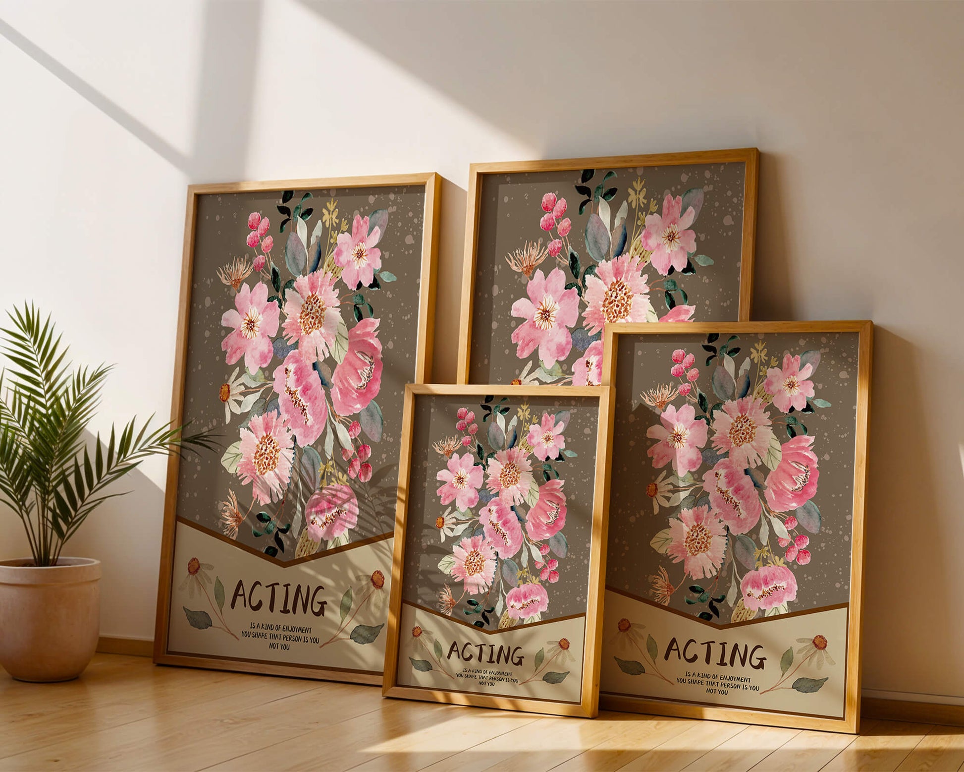 Floral watercolor illustration with motivational text on a brown dotted background