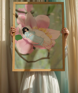 Escena onírica de una mujer durmiendo en una gran flor rosa