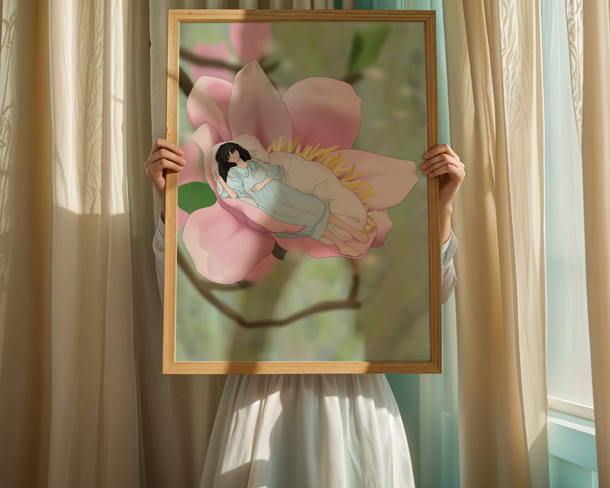 Dreamlike scene of a woman sleeping in a large pink flower