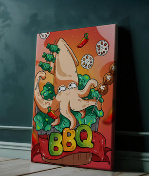 Calamar a la parrilla estilo caricatura peculiar con vegetales