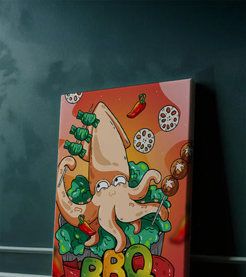 Quirky Cartoon Squid BBQ with Vegetables