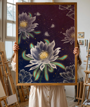 Lotus Flowers and Butterflies in a Starry Night Sky with Gold Accents - Mi tienda