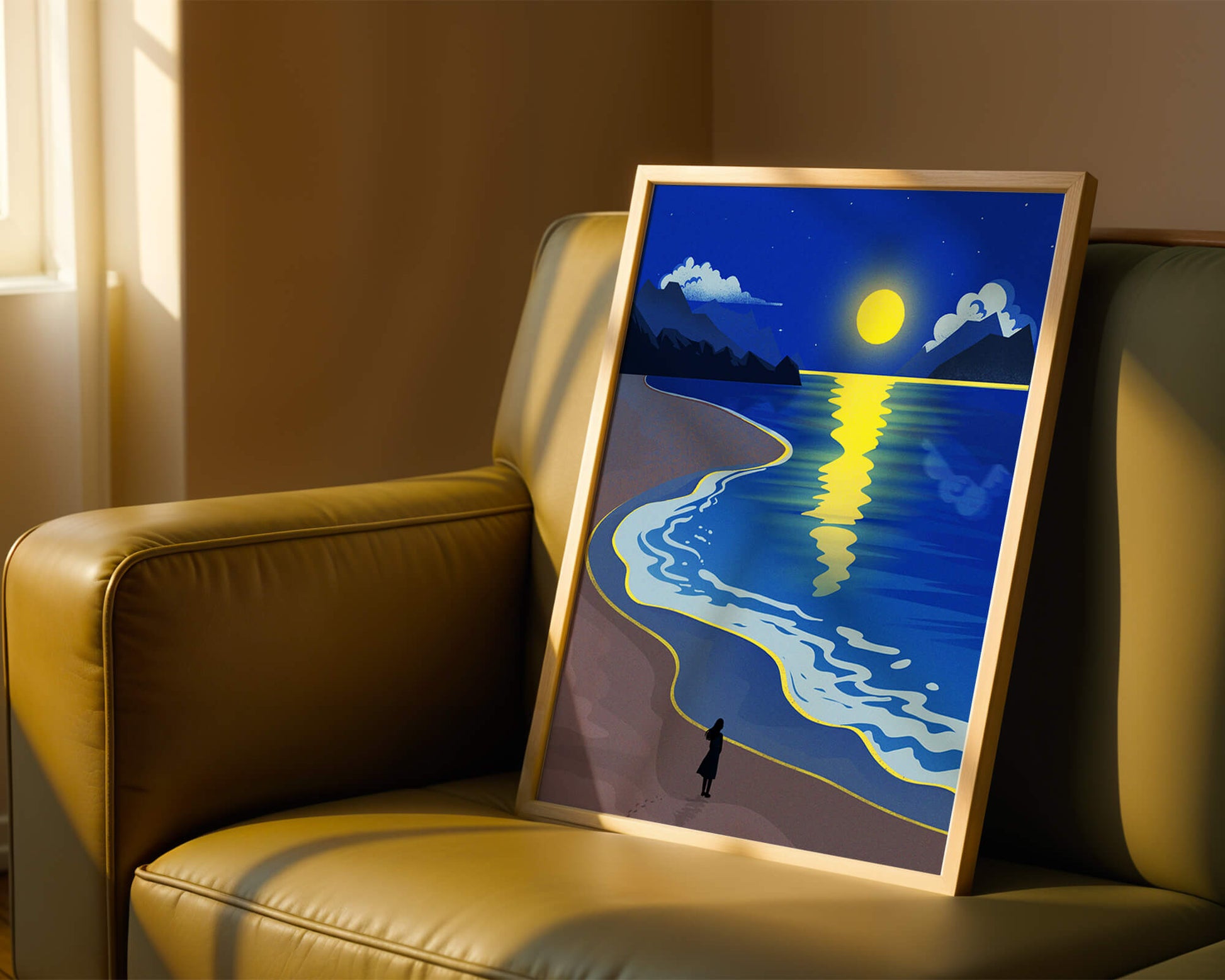 Moonlit Beach with Mountains and Reflections Under Night Sky