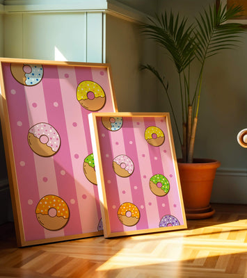 Colorful donut pattern on pink striped background