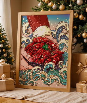 Colorful Cartoon Illustration of Hand Holding Crawfish Over Decorative Waves
