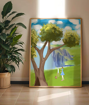 Young woman painting near a tree by a waterfall with a vibrant sky