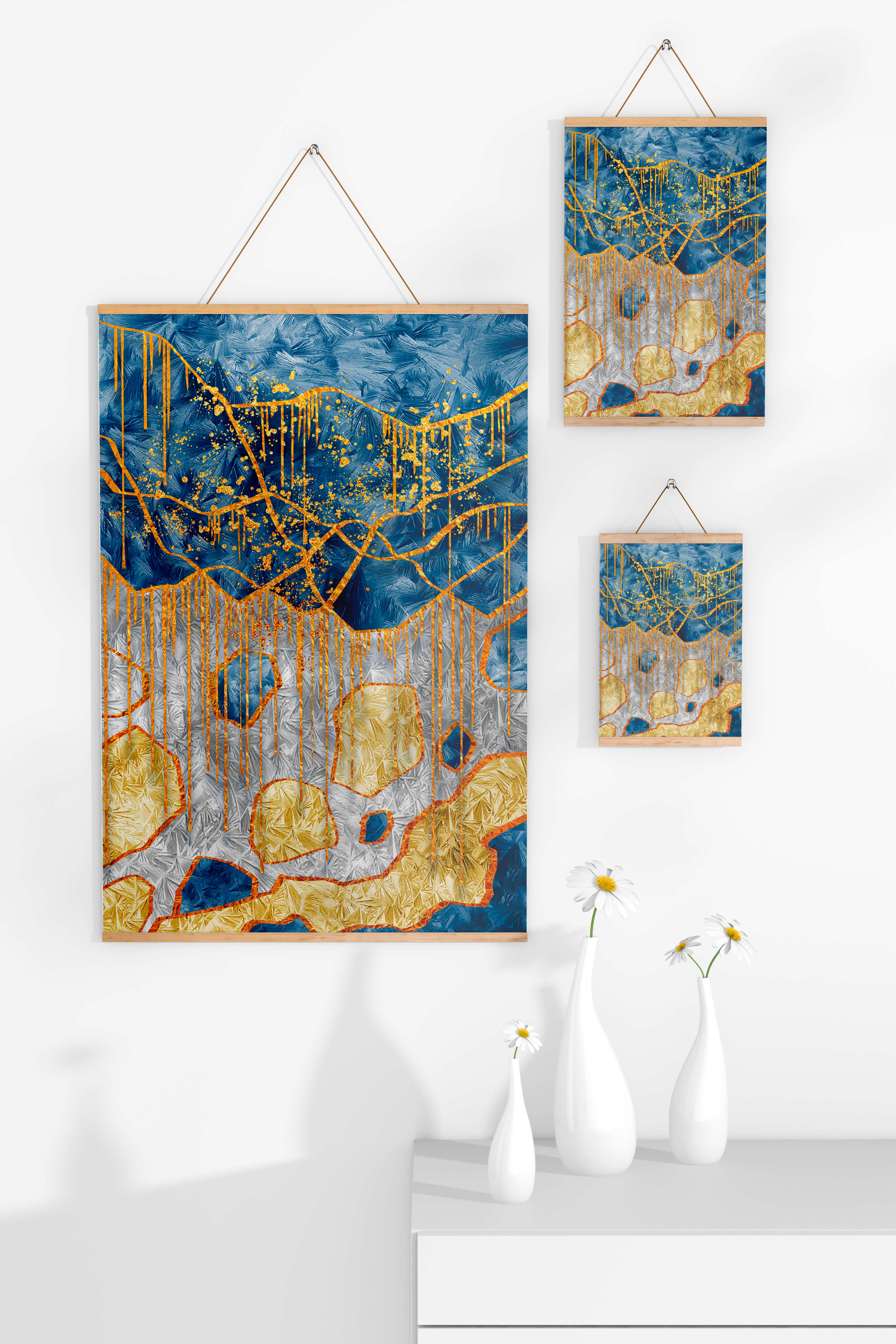 Abstract gold and blue textured art with dynamic splashes of color