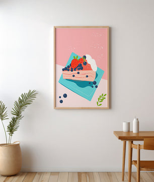 Bunte Dessertillustration mit Erdbeeren und Blaubeeren auf pastellfarbenem Hintergrund