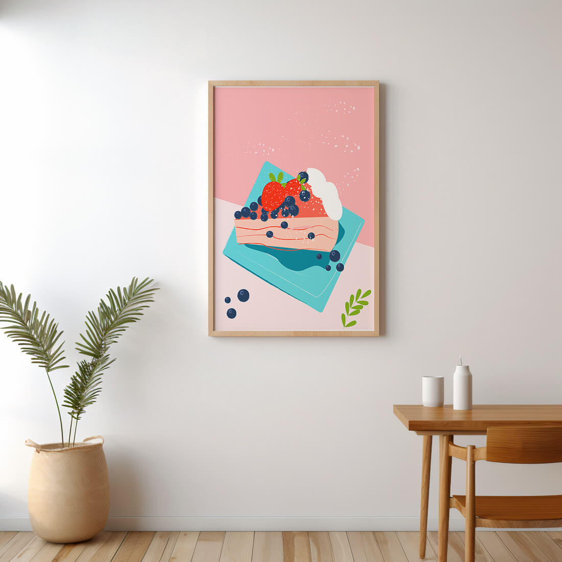 Bunte Dessertillustration mit Erdbeeren und Blaubeeren auf pastellfarbenem Hintergrund