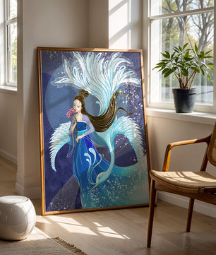 Elegant woman with floral motif and ethereal bird illustration