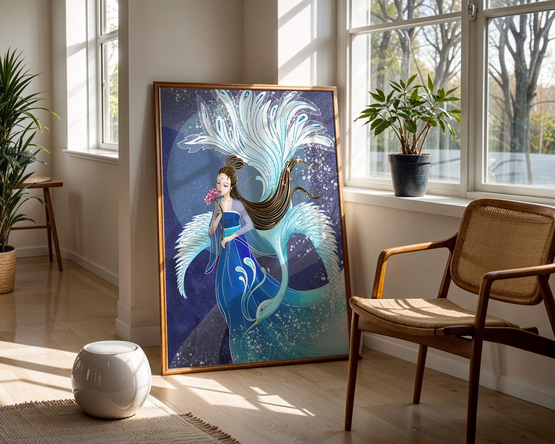 Elegant woman with floral motif and ethereal bird illustration