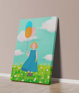 Girl with balloons in a field of daisies under a blue sky