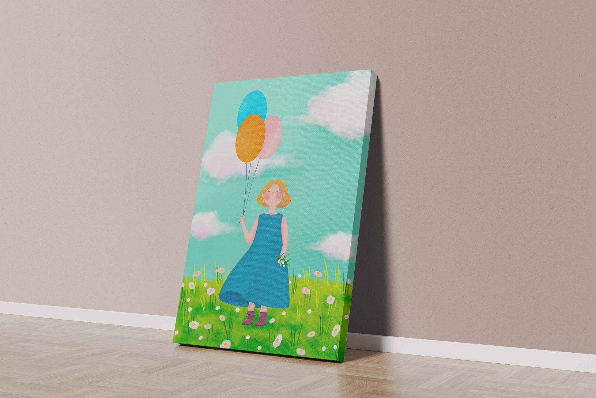 Girl with balloons in a field of daisies under a blue sky