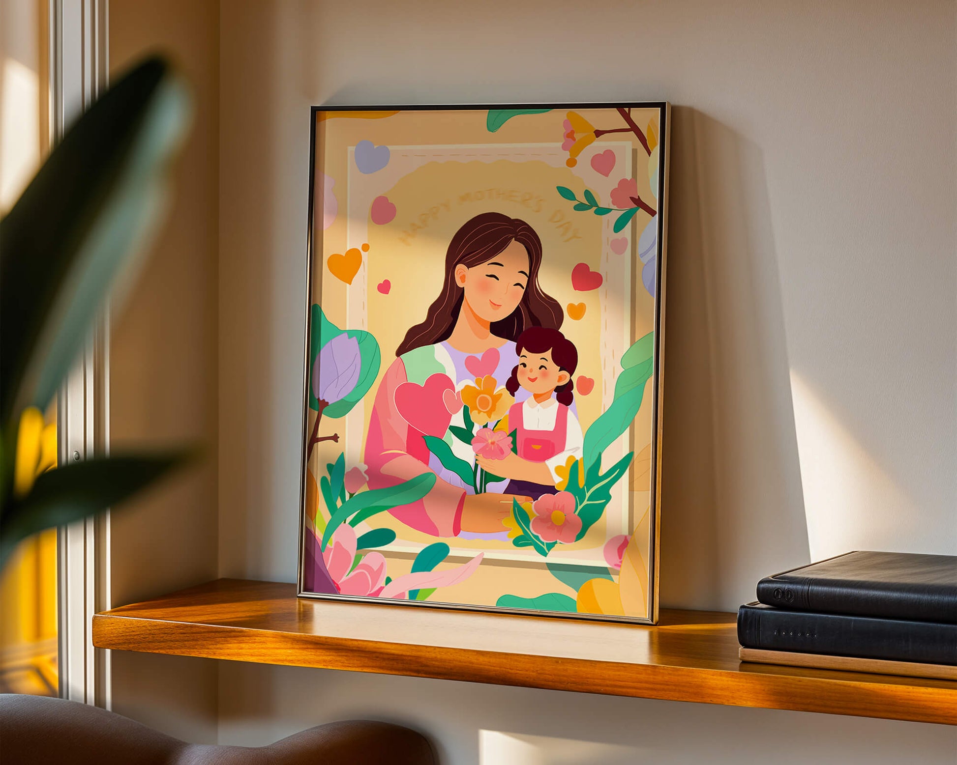 Illustration of mother and daughter with flowers for Mother's Day