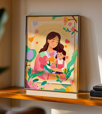 Illustration of mother and daughter with flowers for Mother's Day