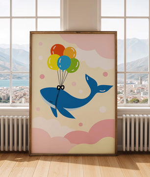 Skurriler Wal, der mit bunten Luftballons fliegt