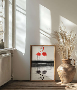 Flamencos elegantes reflejándose en el agua con un contraste artístico