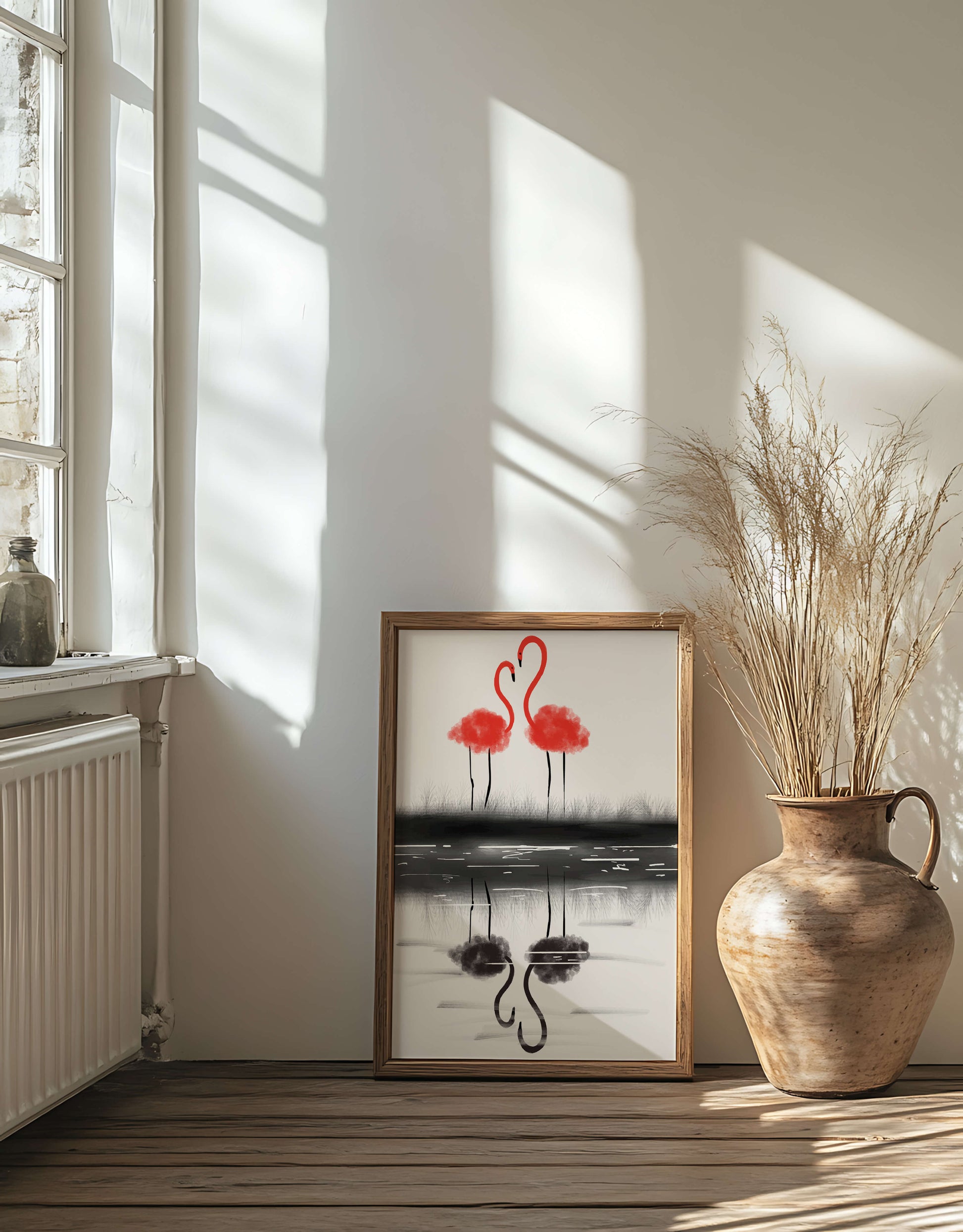 Flamencos elegantes reflejándose en el agua con un contraste artístico