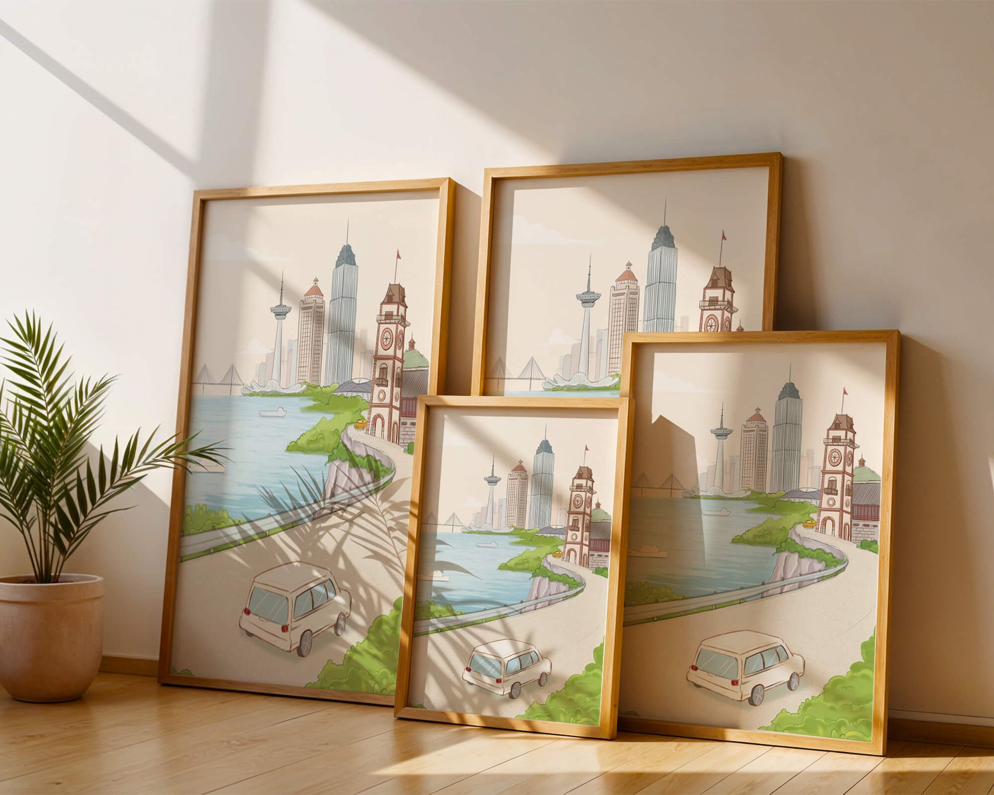 Scenic coastal cityscape with modern buildings and a classic clock tower