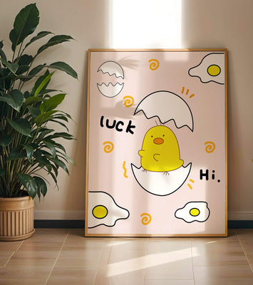 Chick hatching from an egg with cheerful expressions and fried egg motifs