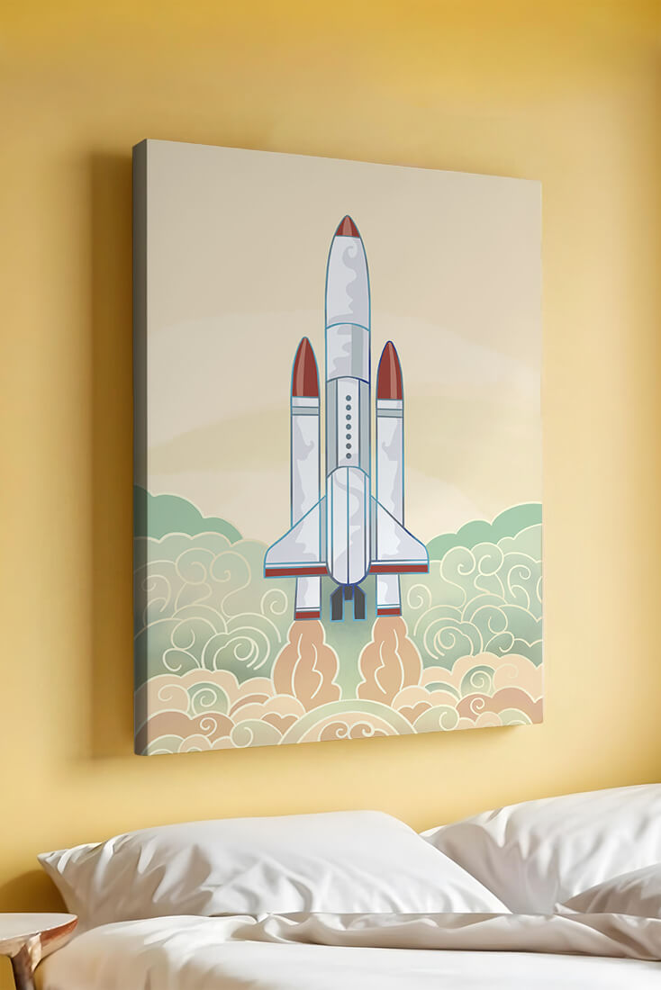 Colorful rocket launch from vintage-style clouds