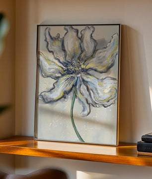 Elegant blue and green abstract floral artwork with flowing lines