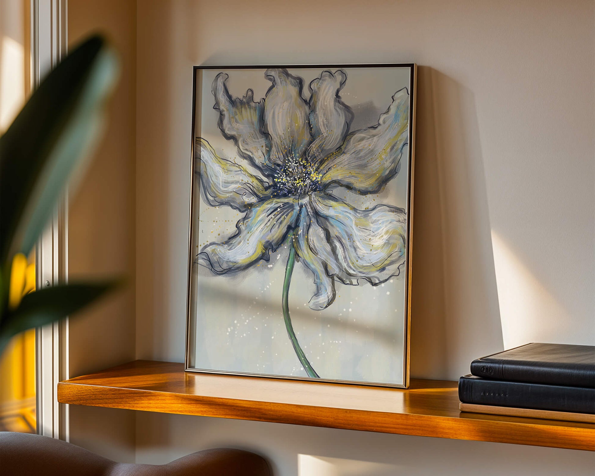 Elegant blue and green abstract floral artwork with flowing lines