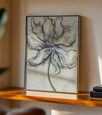 Elegant blue and green abstract floral artwork with flowing lines