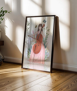 Girl Playing Cello Surrounded by Nature with Butterflies - Mi tienda