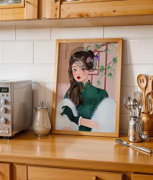 Elegant woman in vintage attire with netted hat and floral elements