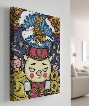 Colorful illustration featuring a whimsical pig and koi fish with decorative elements