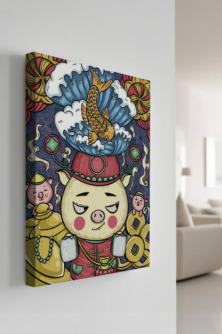 Colorful illustration featuring a whimsical pig and koi fish with decorative elements