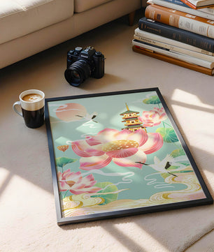 Paysage serein avec des fleurs de lotus et une pagode traditionnelle