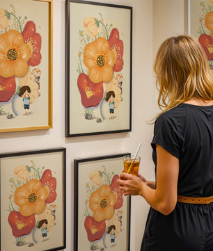 Charming Illustration of Children among Large Flowers with Playful Puppy