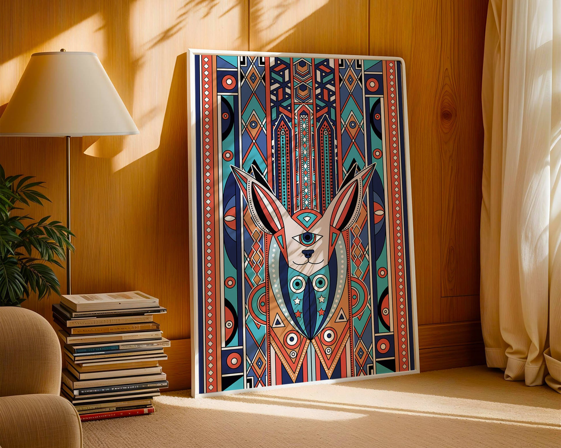 Diseño geométrico abstracto con motivo animal y patrones vibrantes