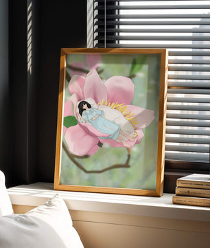 Escena onírica de una mujer durmiendo en una gran flor rosa