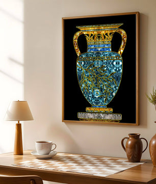 Jarrón de mosaico detallado con piedras preciosas doradas y azules sobre fondo negro
