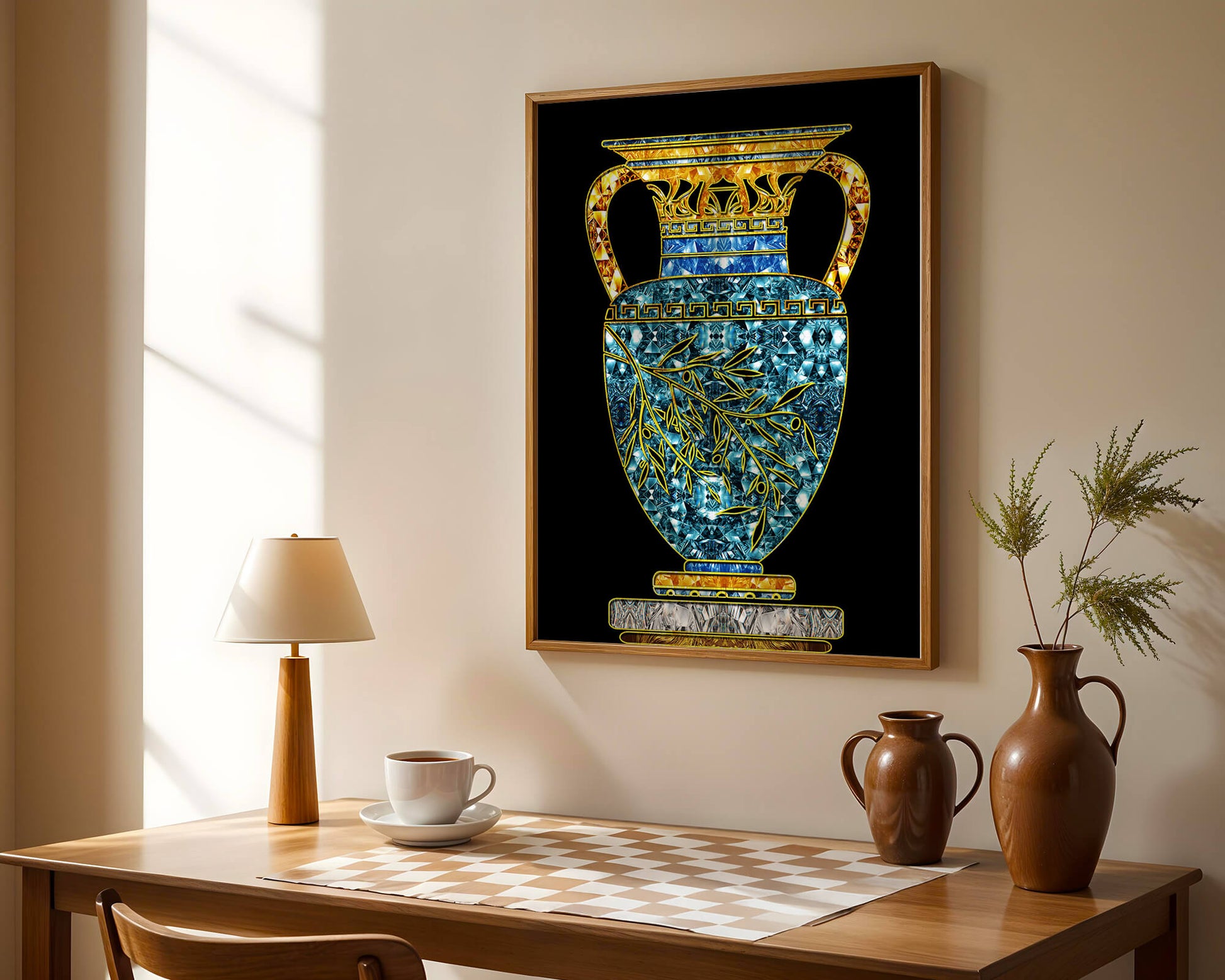 Jarrón de mosaico detallado con piedras preciosas doradas y azules sobre fondo negro
