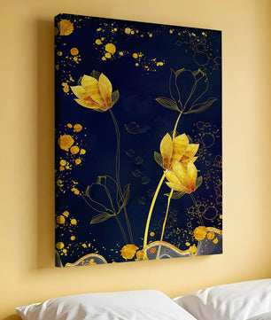 Diseño floral elegante con flores doradas sobre fondo azul marino
